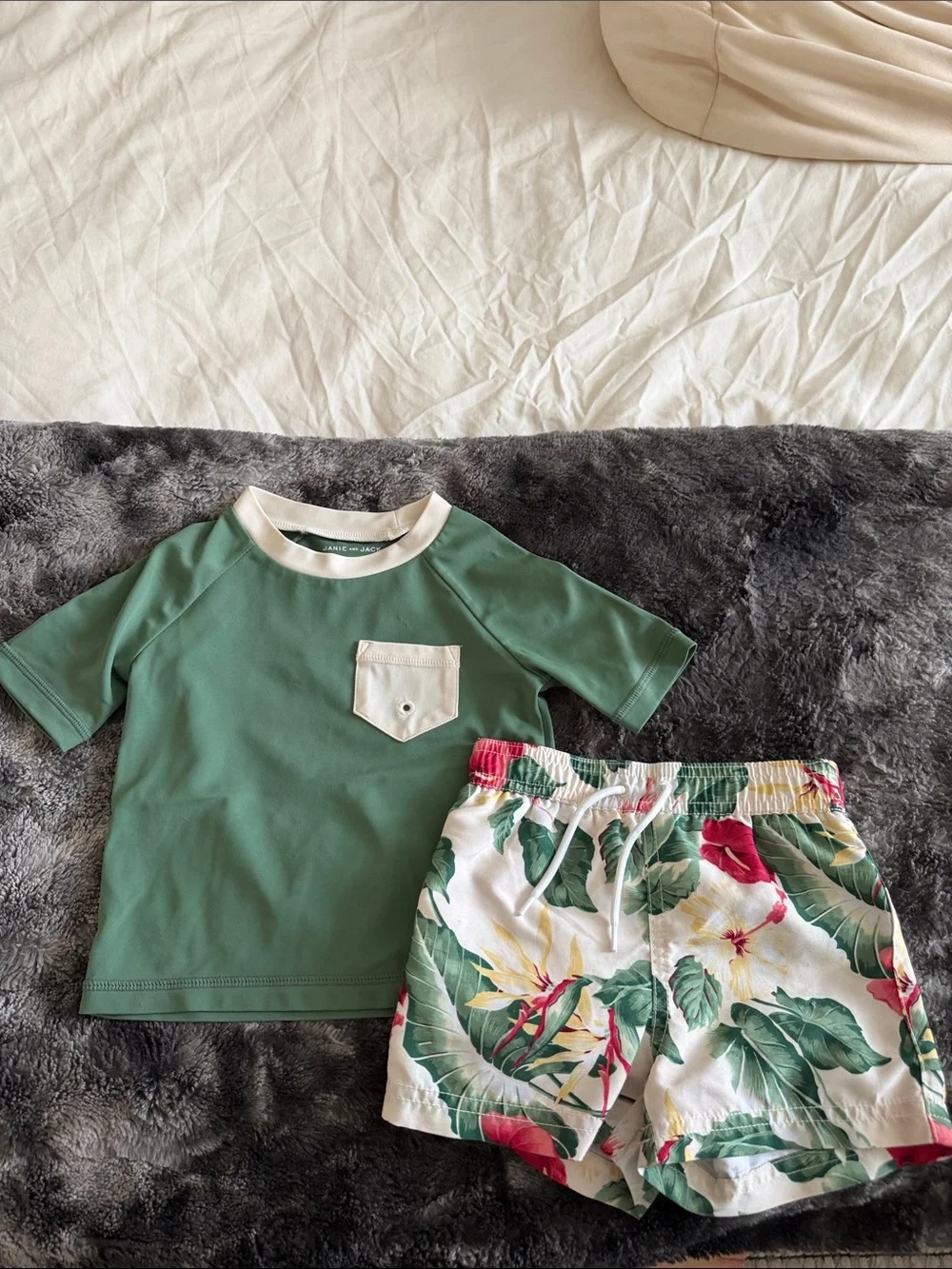 Janie and Jack Kids Green Rash Guard Top and Tropical Swim Shorts Set